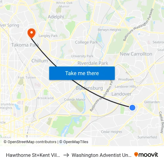 Hawthorne St+Kent Village Dr to Washington Adventist University map