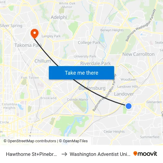 Hawthorne St+Pinebrook Av to Washington Adventist University map