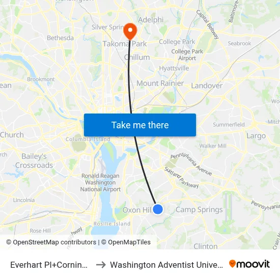 Everhart Pl+Corning Av to Washington Adventist University map