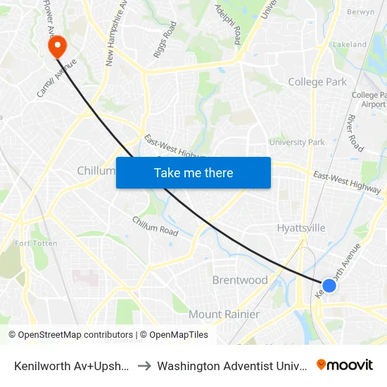 Kenilworth Av+Upshur St to Washington Adventist University map