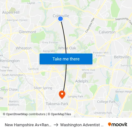New Hampshire Av+Randolph Rd to Washington Adventist University map