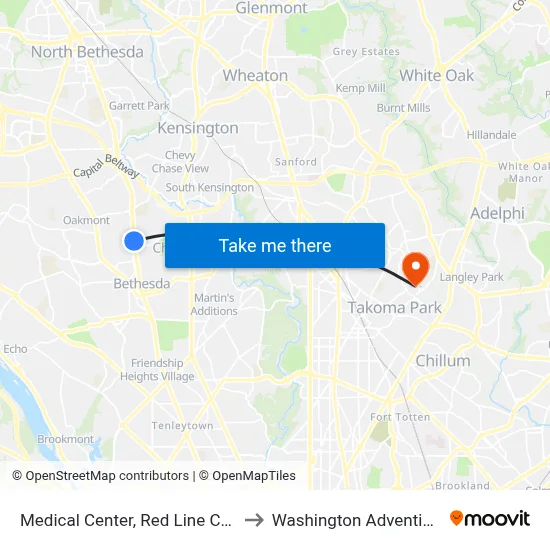 Medical Center, Red Line Center Platform to Washington Adventist University map