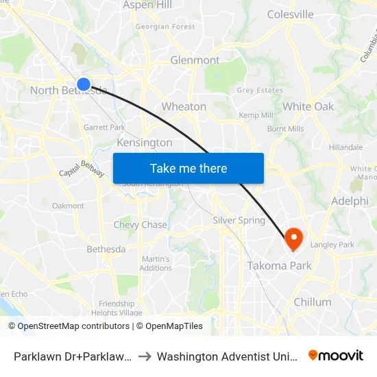 Parklawn Dr+Parklawn Ter to Washington Adventist University map