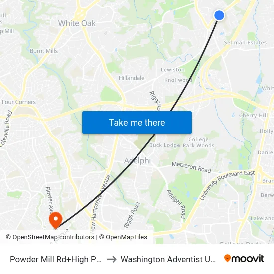 Powder Mill Rd+High Point Hs to Washington Adventist University map