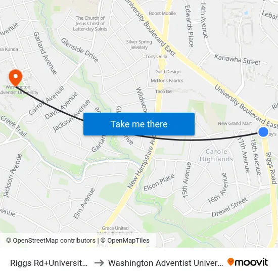 Riggs Rd+University Bl to Washington Adventist University map