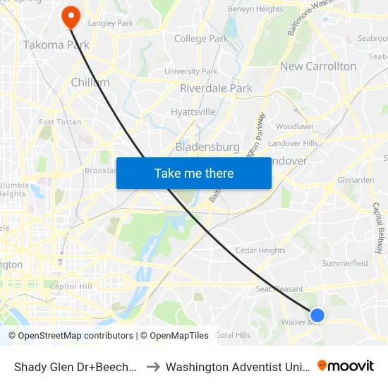 Shady Glen Dr+Beechnut Rd to Washington Adventist University map