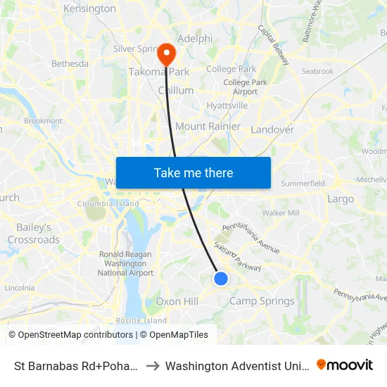 St Barnabas Rd+Pohanka Pl to Washington Adventist University map