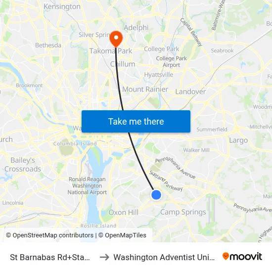 St Barnabas Rd+Stamp Rd to Washington Adventist University map