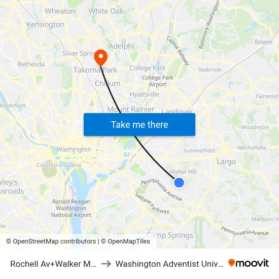 Rochell Av+Walker Mill Rd to Washington Adventist University map