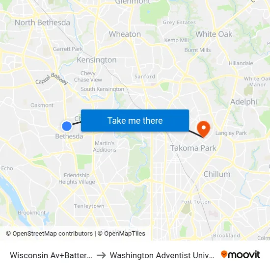 Wisconsin Av+Battery Ln to Washington Adventist University map