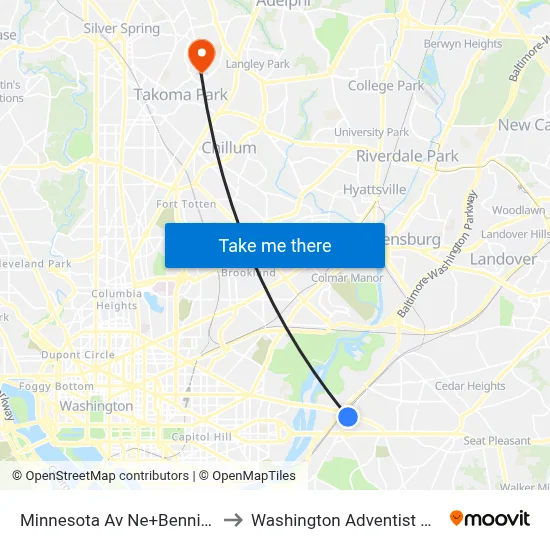 Minnesota Av Ne+Benning Rd NE to Washington Adventist University map