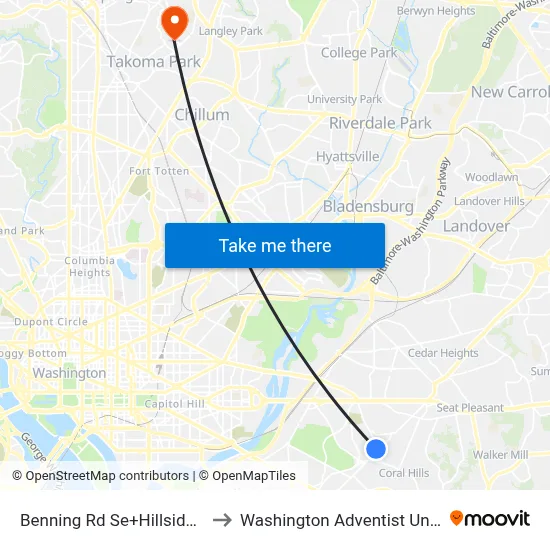 Benning Rd Se+Hillside Rd SE to Washington Adventist University map