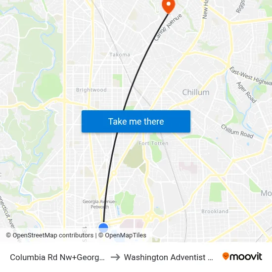 Columbia Rd Nw+Georgia Av NW to Washington Adventist University map