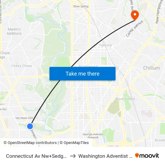 Connecticut Av Nw+Sedgwick St NW to Washington Adventist University map