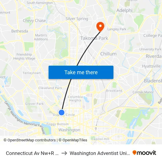 Connecticut Av Nw+R St NW to Washington Adventist University map