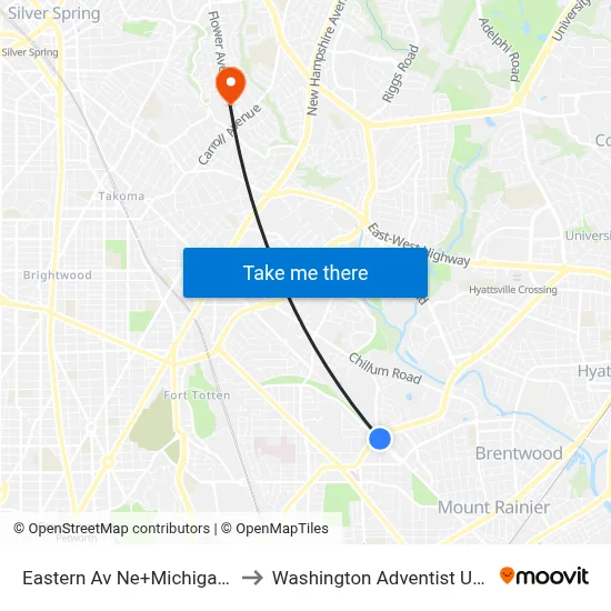 Eastern Av Ne+Michigan Av NE to Washington Adventist University map
