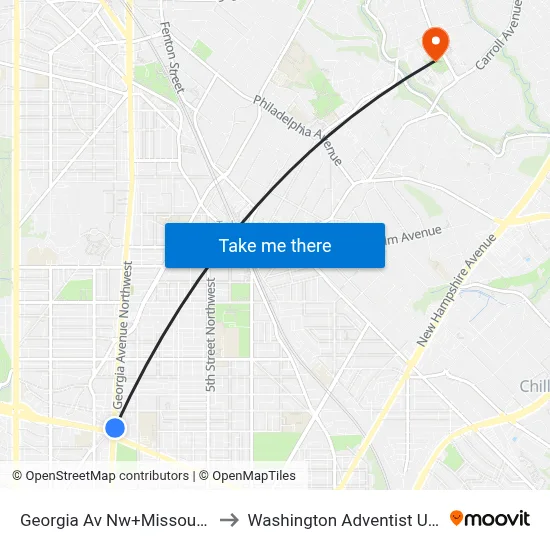 Georgia Av Nw+Missouri Av NW to Washington Adventist University map