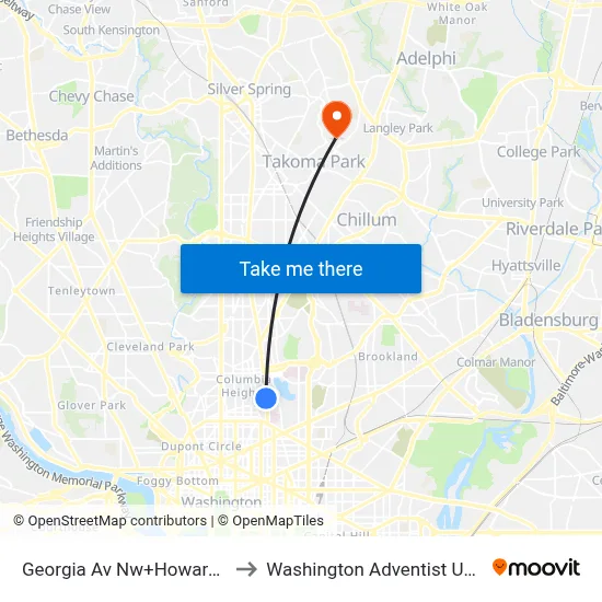 Georgia Av Nw+Howard Pl NW to Washington Adventist University map