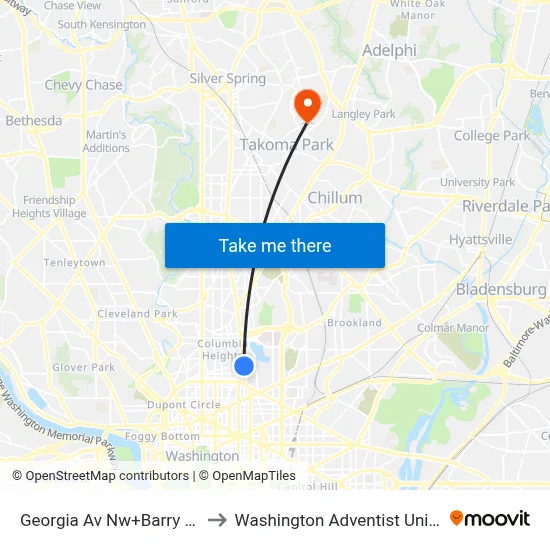 Georgia Av Nw+Barry Pl NW to Washington Adventist University map