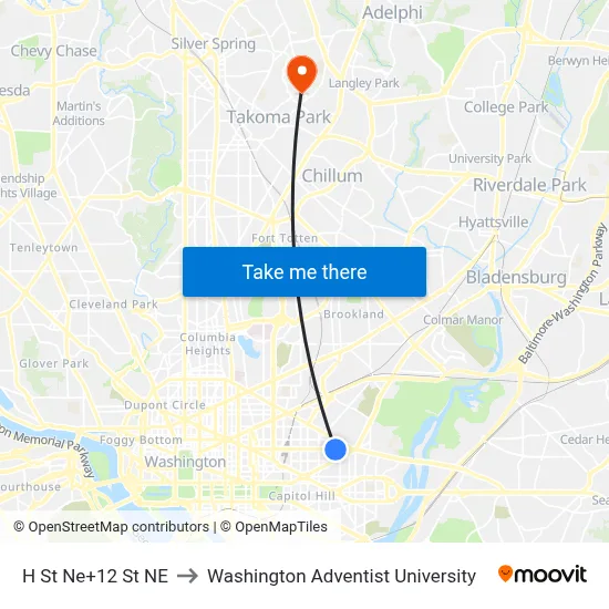 H St Ne+12 St NE to Washington Adventist University map