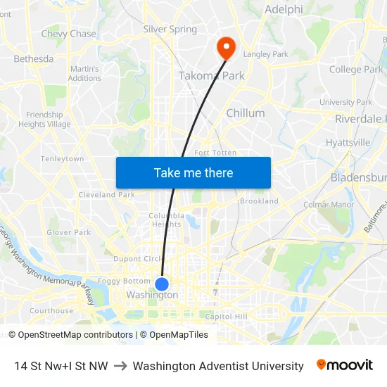 14 St Nw+I St NW to Washington Adventist University map