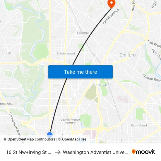 16 St Nw+Irving St NW to Washington Adventist University map