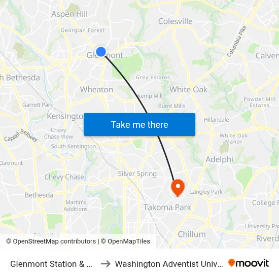 Glenmont Station & Bay A to Washington Adventist University map