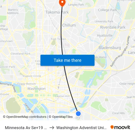 Minnesota Av Se+19 St SE to Washington Adventist University map