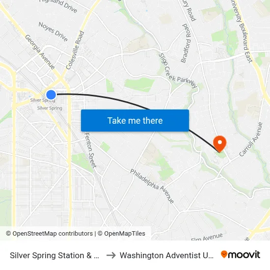 Silver Spring Station & Bay 110 to Washington Adventist University map
