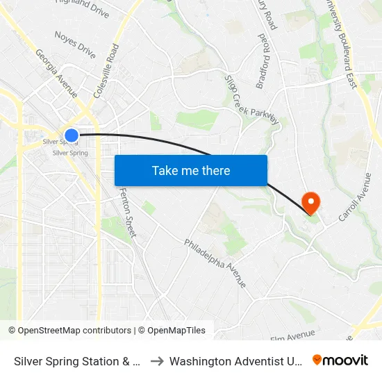 Silver Spring Station & Bay 227 to Washington Adventist University map