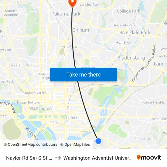Naylor Rd Se+S St SE to Washington Adventist University map