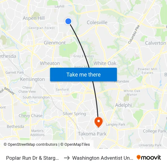 Poplar Run Dr & Stargazer Ln to Washington Adventist University map