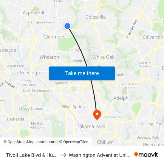 Tivoli Lake Blvd & Hugo Cir to Washington Adventist University map