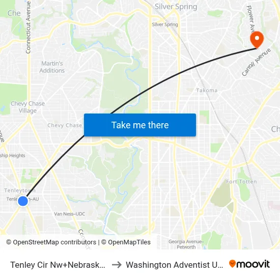Tenley Cir Nw+Nebraska Av NW to Washington Adventist University map