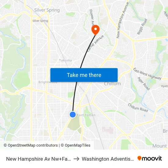 New Hampshire Av Nw+Farragut St NW to Washington Adventist University map