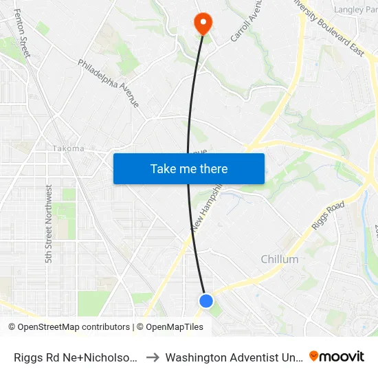 Riggs Rd Ne+Nicholson St NE to Washington Adventist University map