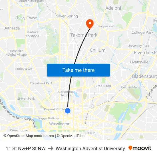 11 St Nw+P St NW to Washington Adventist University map