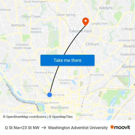 Q St Nw+23 St NW to Washington Adventist University map