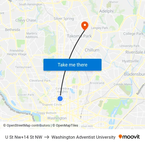U St Nw+14 St NW to Washington Adventist University map
