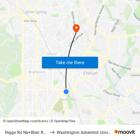 Riggs Rd Ne+Blair Rd NE to Washington Adventist University map