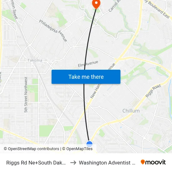 Riggs Rd Ne+South Dakota Av NE to Washington Adventist University map