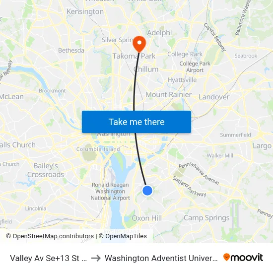 Valley Av Se+13 St SE to Washington Adventist University map
