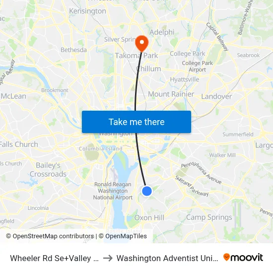 Wheeler Rd Se+Valley Av SE to Washington Adventist University map