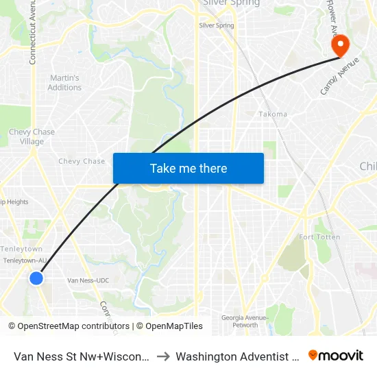 Van Ness St Nw+Wisconsin Av NW to Washington Adventist University map