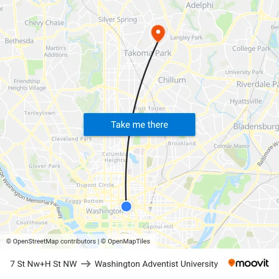 7 St Nw+H St NW to Washington Adventist University map