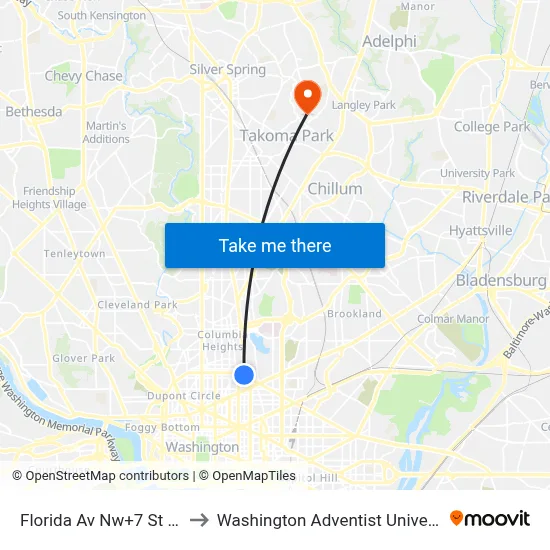 Florida Av Nw+7 St NW to Washington Adventist University map