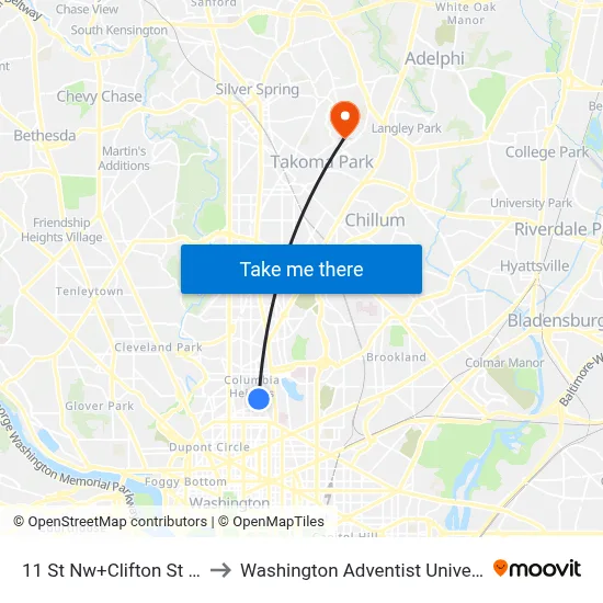 11 St Nw+Clifton St NW to Washington Adventist University map