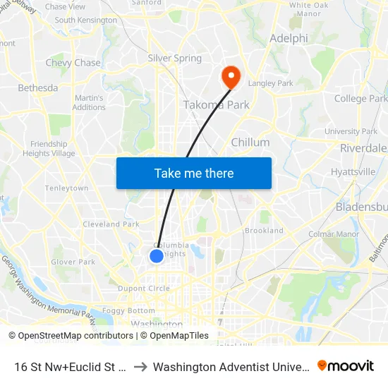 16 St Nw+Euclid St NW to Washington Adventist University map