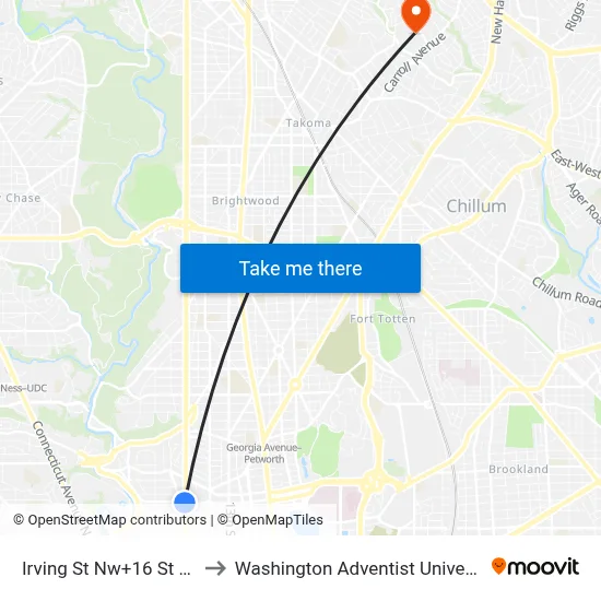 Irving St Nw+16 St NW to Washington Adventist University map