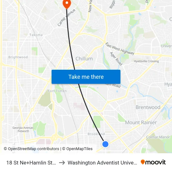 18 St Ne+Hamlin St NE to Washington Adventist University map